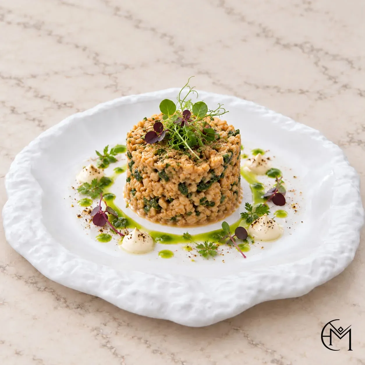 A moulded round of herbed grains crowned with micro greens, circled by herb oil and small dots of cream, on a textured white plate.